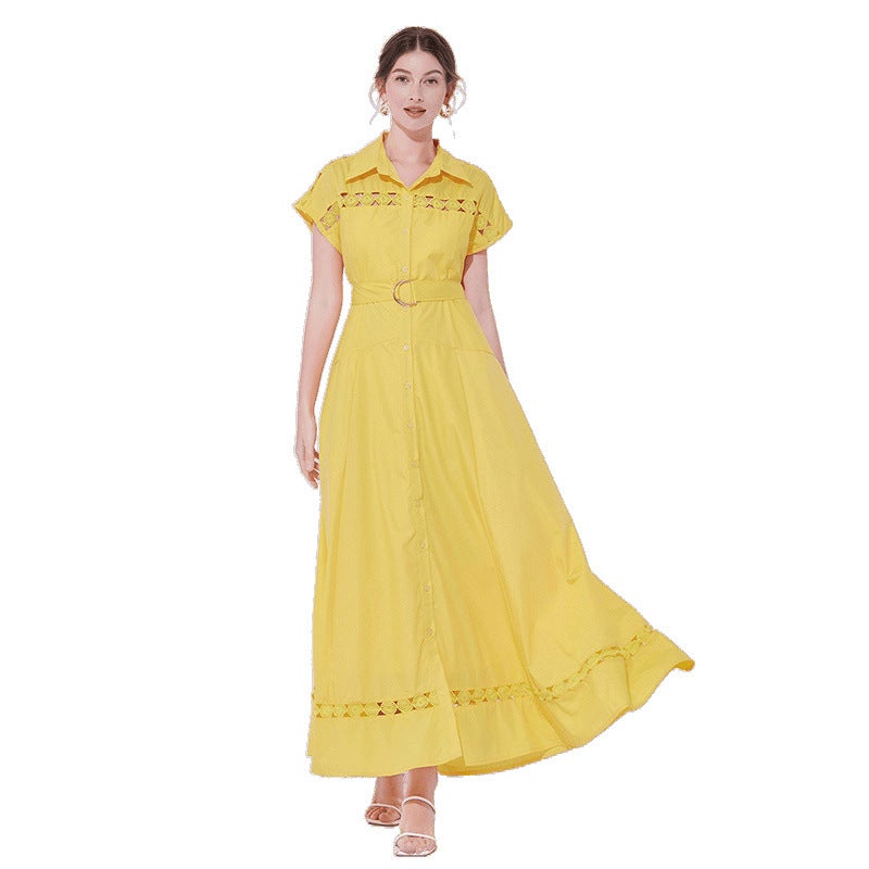 European and American Cross-border Foreign Trade Womens Lapel Sleeveless Belt Waist Hollow-out Long dress Womens A- line Skirt Long Skirt White - Image 5
