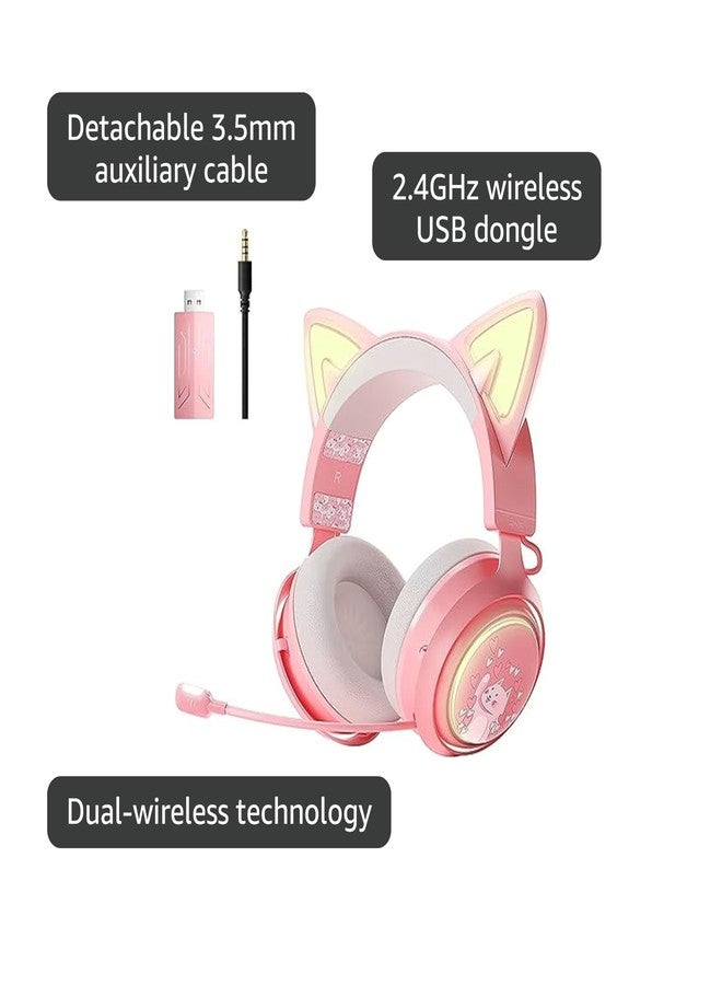 Somic سماعات رأس على شكل أذن قطة SOMIC، سماعة ألعاب لاسلكية 2.4G/Bluetooth لجهاز PS5، PS4، الكمبيوتر مع أضواء RGB وميكروفون قابل للسحب، 10 ساعات وقت تشغيل، صوت محيطي 7.1 للابتوب، الهاتف الذكي - GS510 برو - وردي - Image 4