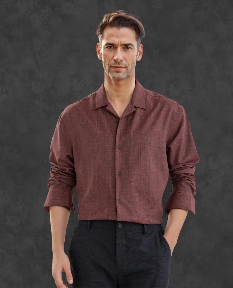 Rare Rabbit Rare Rabbit Men Reno Maroon Cotton Blend Fabric Full Sleeve Cuban Collared Button Closure Regular Fit Checks Premium Casual Shirt