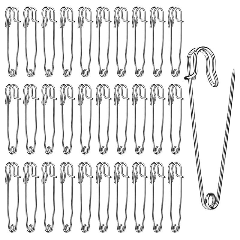 Ftyiwu Large Safety Pins, 30 Pack Heavy Duty Safety Pins 2 Inch, Stainless Steel Safety Pin for Clothes, Blankets, Laundry, Leather Canvas, DIY Crafts (Silver) - Image 1