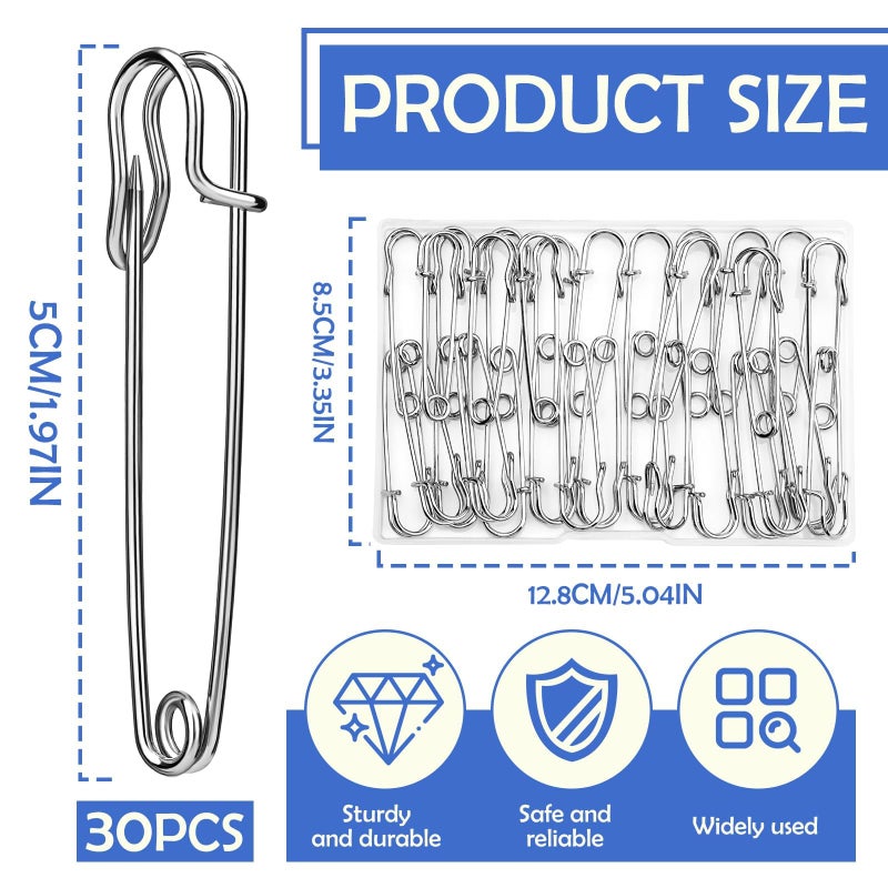 Ftyiwu Large Safety Pins, 30 Pack Heavy Duty Safety Pins 2 Inch, Stainless Steel Safety Pin for Clothes, Blankets, Laundry, Leather Canvas, DIY Crafts (Silver) - Image 2