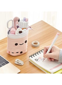 Party Propz Party Propz Polyester Pencil Pouch for Stationary Pink Set of 1 Pcs Standing Pencil Pouch Korean Boba Pop Up Stationery Pouch Pen Pencil Pouches for Girls, Boys, Kids Foldable Pencil Pouch Boba Pouch  - Image 5