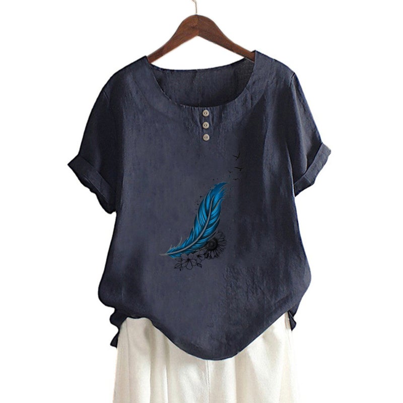 new cotton and linen women's floral feather print decorative button loose casual round neck short sleeve t-shirt - Image 1