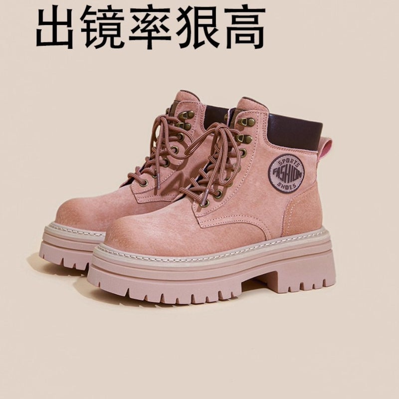 Soft Leather Martin Boots 2025 Style Height-Increasing Pink Petite British Style Denim Boots Work Boots Yellow Boots - Image 5