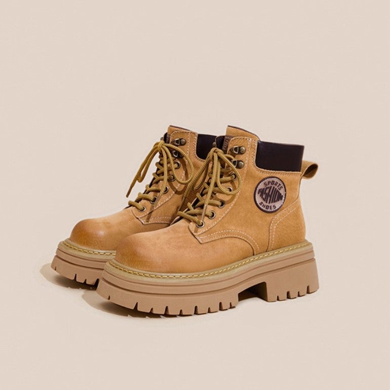 Soft Leather Martin Boots 2025 Style Height-Increasing Pink Petite British Style Denim Boots Work Boots Yellow Boots - Image 2
