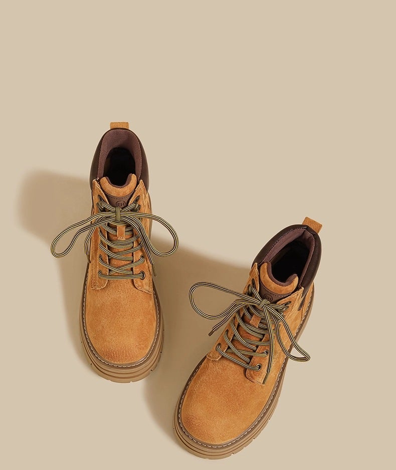 Soft Leather Martin Boots 2025 Style Height-Increasing Pink Petite British Style Denim Boots Work Boots Yellow Boots - Image 1