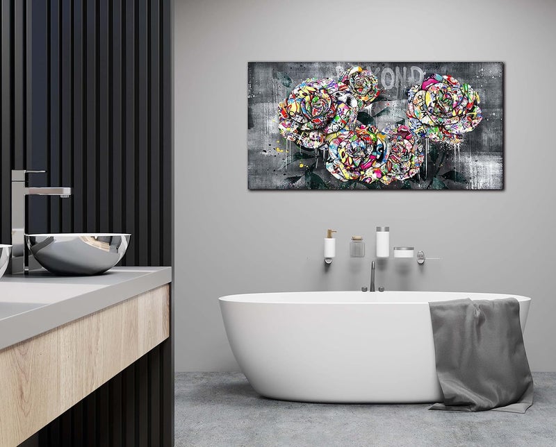 SIXTTART Flower Wall Decor for Living Room - Banksy Wall-Art Bathroom - Abstract Wall Art Bedroom - Graffiti Painting Artwork Ready to Hang Size 40" x 20" - Image 2