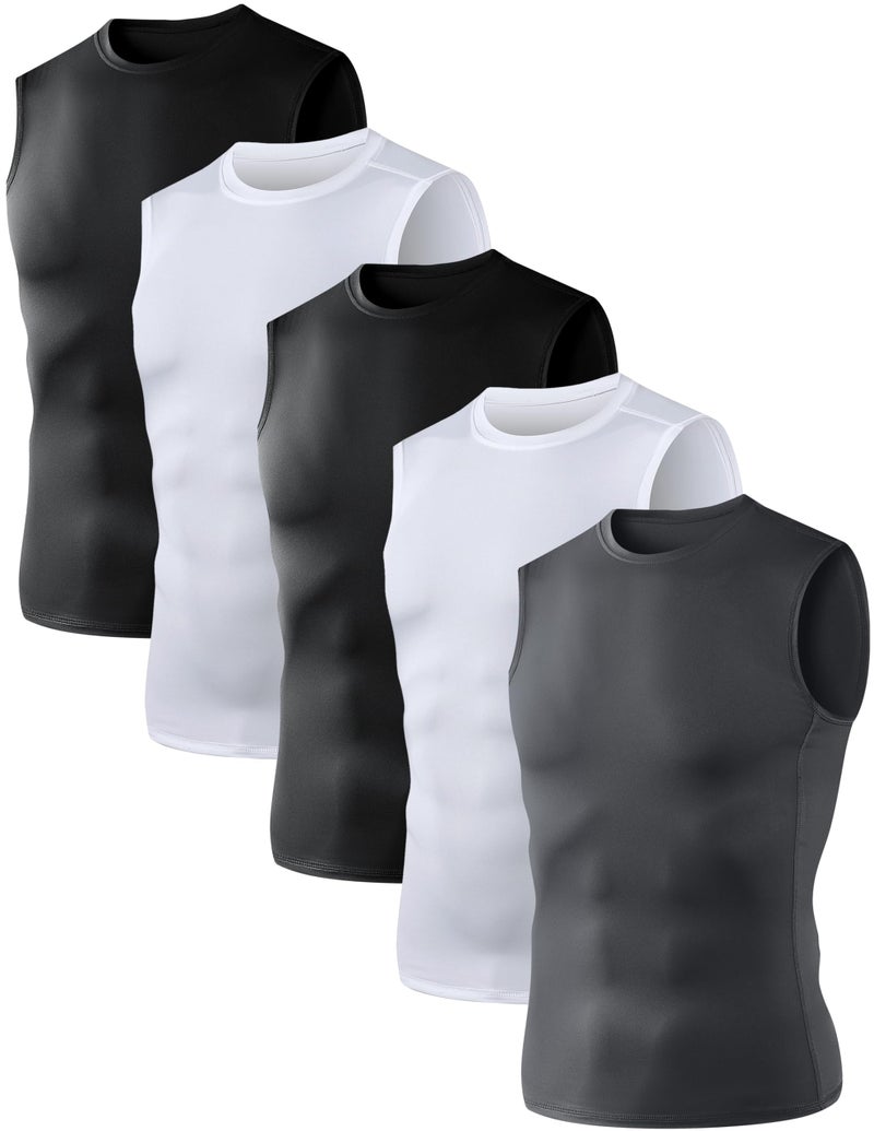 OYGSieg 5 Pack Men's Athletic Compression Shirts Sleeveless Tank Top Base Layer Sports Workout Shirts for Basketball B M - Image 1