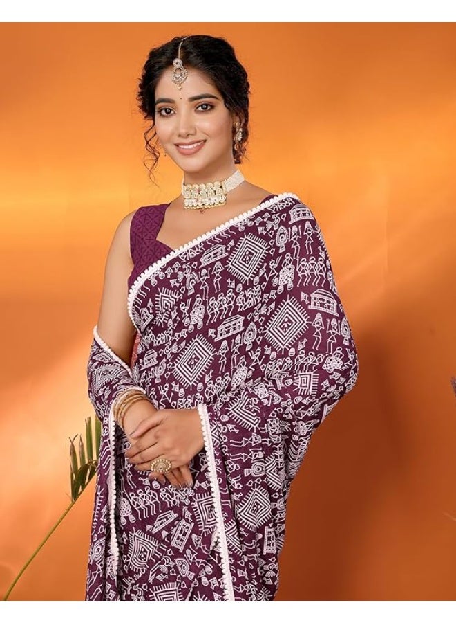Yashika Women's Saree Georgette Saree Printed Saree Saree with Lace Unstitched Blouse Material Lace Border Saree Georgette Printed Saree Women's Printed Saree|Purple - Image 2