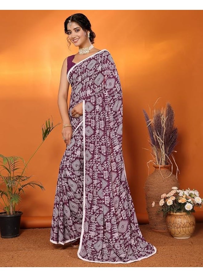 Yashika Women's Saree Georgette Saree Printed Saree Saree with Lace Unstitched Blouse Material Lace Border Saree Georgette Printed Saree Women's Printed Saree|Purple - Image 3