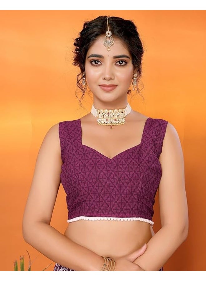 Yashika Women's Saree Georgette Saree Printed Saree Saree with Lace Unstitched Blouse Material Lace Border Saree Georgette Printed Saree Women's Printed Saree|Purple - Image 4