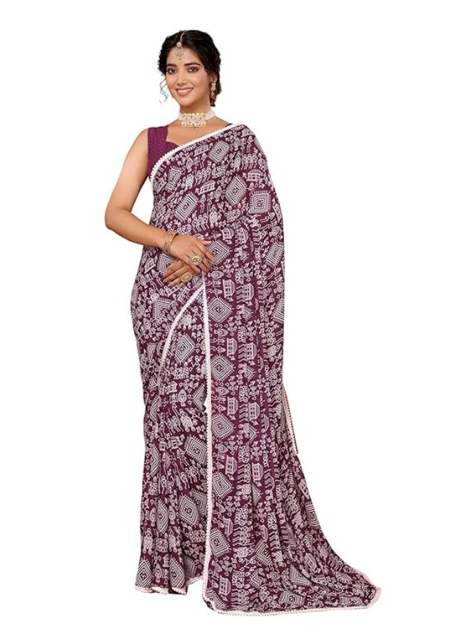 Yashika Women's Saree Georgette Saree Printed Saree Saree with Lace Unstitched Blouse Material Lace Border Saree Georgette Printed Saree Women's Printed Saree|Purple - Image 1