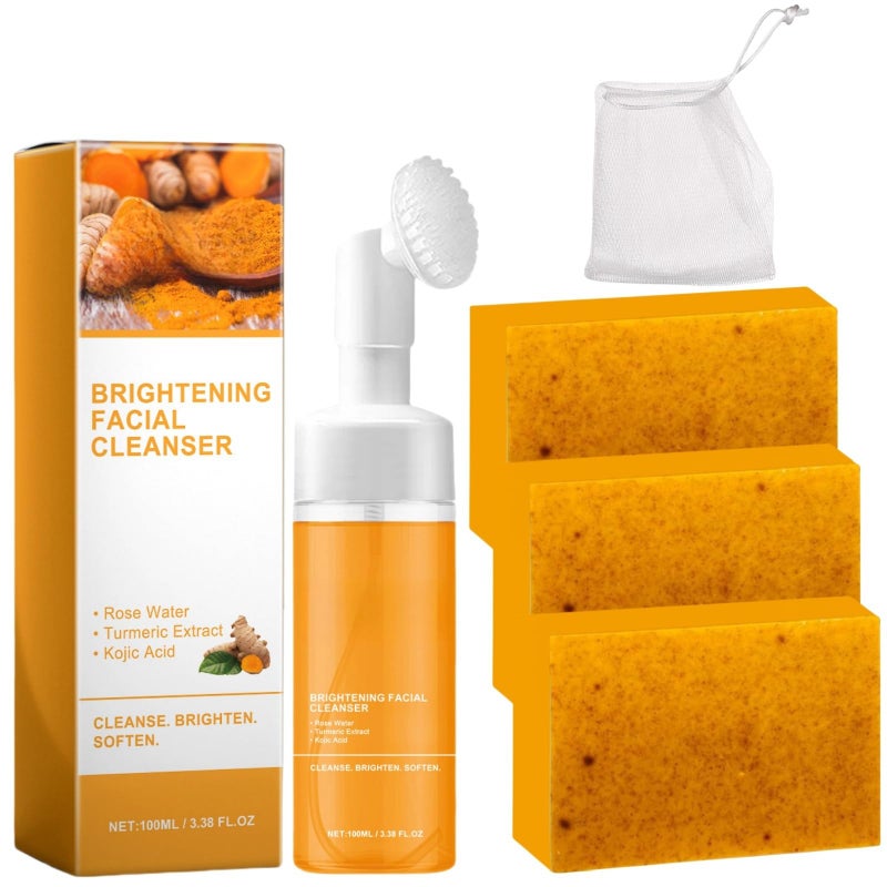 Peehss Turmeric Wash and Care Two Piece Set Tuemeric Facial Cleanser Turmeric Soap Combo Turmeric Cleansing Mousse Turmeric Face Wash and Soap Bundle for Face Body Deep Cleansing