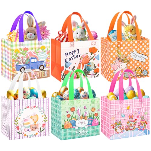 DECHISY 6 Pack Easter Gift Bags, 8.3×7.9×6 inch Non-Woven Easter Bags with Handles, 6 Unique Patterns Egg Hunt Baskets for Kids, Party Supplies - Image 1