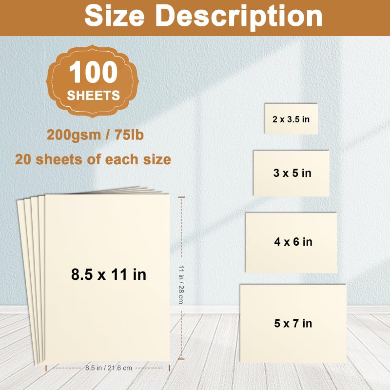 Silunkia 100 Sheets Cream Cardstock 5 Assorted Size Ivory Paper, 200gsm/75lb Thick Off White Card Stock for DIY Cards Making, Business Cards, Invitations, Scrapbooking, Menus, Anniversary - Image 2
