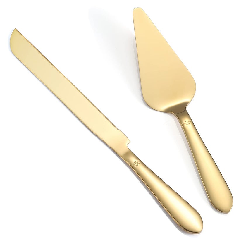 Cake Cutting Set for Wedding Elegant Cake Knife and Server Set with Thickened Stainless Steel Rounded Edges Cake Cutter Pie Spatula for Birthday Anniversary Christmas 2 Pcs Gold