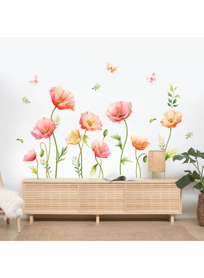 Supzone Large Pink Floral Wall Decals Poppy Flower Butterfly Wall Stickers Peel and Stick Autumn Floral Wall Art Decor for Living Room Bedroom Office TV Sofa Backdrop Home Decor Gifts for Mom - Image 2
