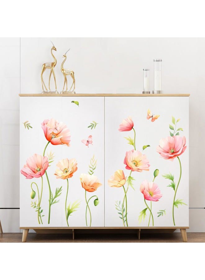 Supzone Large Pink Floral Wall Decals Poppy Flower Butterfly Wall Stickers Peel and Stick Autumn Floral Wall Art Decor for Living Room Bedroom Office TV Sofa Backdrop Home Decor Gifts for Mom - Image 3