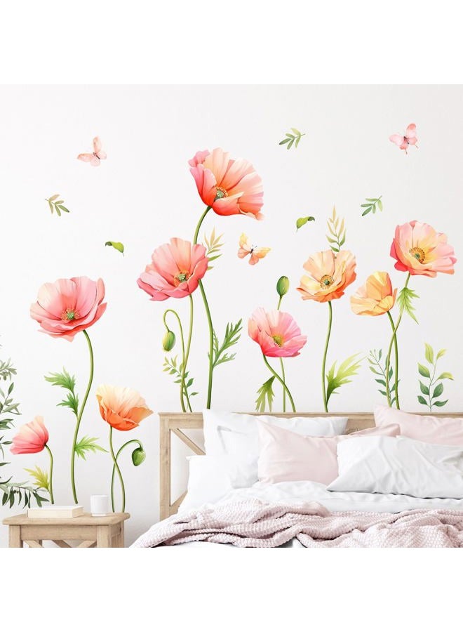 Supzone Large Pink Floral Wall Decals Poppy Flower Butterfly Wall Stickers Peel and Stick Autumn Floral Wall Art Decor for Living Room Bedroom Office TV Sofa Backdrop Home Decor Gifts for Mom - Image 1