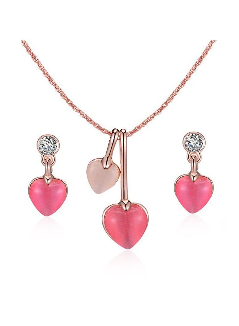 Goolsky مجموعة مجوهرات زيركونيا قلب وردي رومانسي - قلادة كريستالية متلألئة وأقراط، هدية رائعة لها