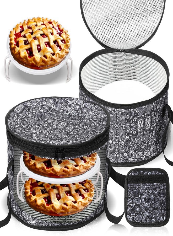 Pickmesh Round Pie Carrier 12 x 7 Inch Insulated Casserole Carriers with Lid and Detachable Handle for Hot or Cold Food Cake Transport Thanksgiving Christmas Gift(Black Paisley) - Image 1