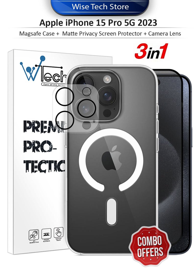 دبليو تيك حزمة حماية 3 في 1 لهاتف آبل آيفون 15 برو 5G 2023، غطاء شفاف مضاد للصدمات مع ماجسيف، واقي شاشة مات نهائي للخصوصية، وواقي عدسة الكاميرا بحماية 360، تركيب سهل - شفاف/أسود - Image 1