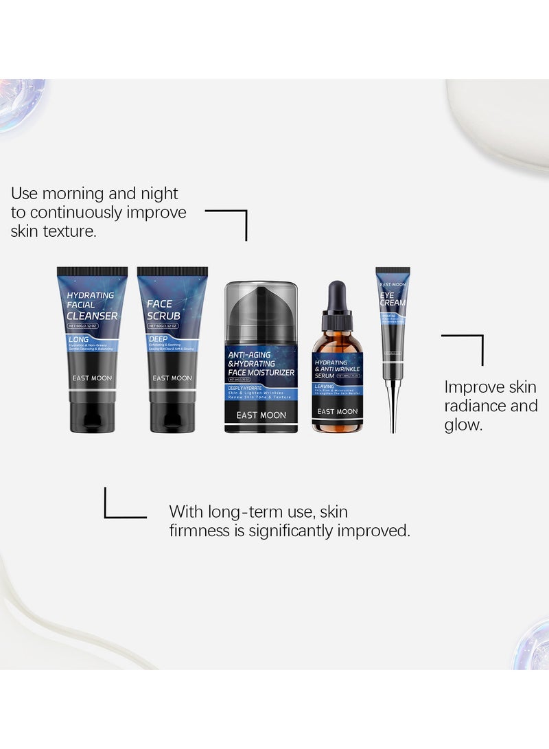 East Moon Men's Essential Skincare Gift Set - Gentle Cleansing, Deep Moisturizing, & Nourishing, Comprehensive Set with Facial Cleanser, Scrub, Serum, Eye Cream, & Moisturizer for Firmer, Brighter, Smooth Skin - Image 4