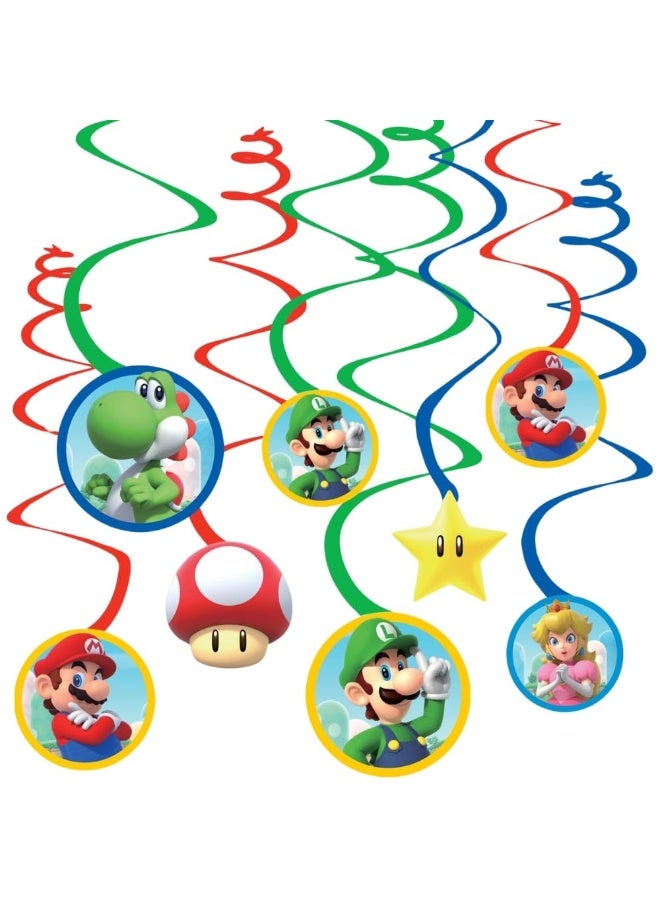 Amscan Swirl Hanging Decorations - 5" & 7" (Pack of 12) - Perfect for Themed Parties & Events, Super Mario Brothers - Image 1