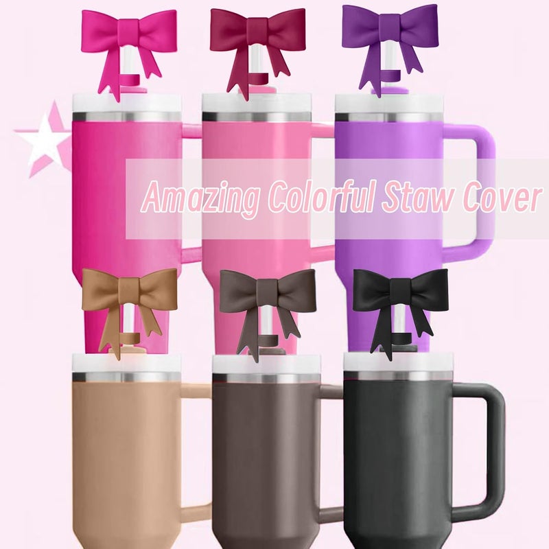 Hpebl 6Pcs Silicone Straw Toppers Covers for Stanley Cups 40/30oz 10mm(0.4in) Dark Purple Dust-Proof Bow Straw Covers Toppers Brown Suitbale for Stanley Cup Accessories Reusable Straws Caps - Image 4
