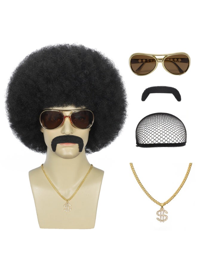 ShineDown 70s Disco Afro Wig for Men, Black Curly Style, Retro Costume Accessory, Disco Wig with Eyes Mustache Necklace, Natural Color Comfortable Costume Wigs for Halloween Parties - Image 1