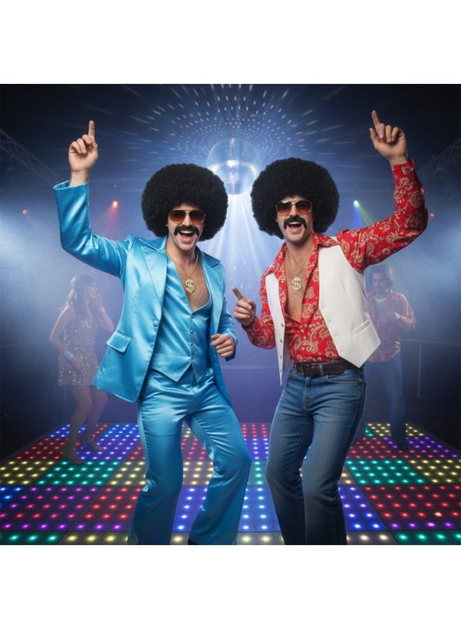 ShineDown 70s Disco Afro Wig for Men, Black Curly Style, Retro Costume Accessory, Disco Wig with Eyes Mustache Necklace, Natural Color Comfortable Costume Wigs for Halloween Parties - Image 2