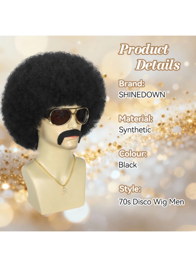 ShineDown 70s Disco Afro Wig for Men, Black Curly Style, Retro Costume Accessory, Disco Wig with Eyes Mustache Necklace, Natural Color Comfortable Costume Wigs for Halloween Parties - Image 3