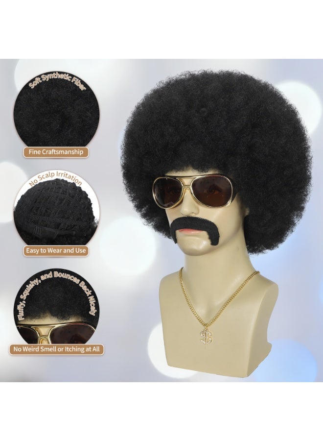 ShineDown 70s Disco Afro Wig for Men, Black Curly Style, Retro Costume Accessory, Disco Wig with Eyes Mustache Necklace, Natural Color Comfortable Costume Wigs for Halloween Parties - Image 4