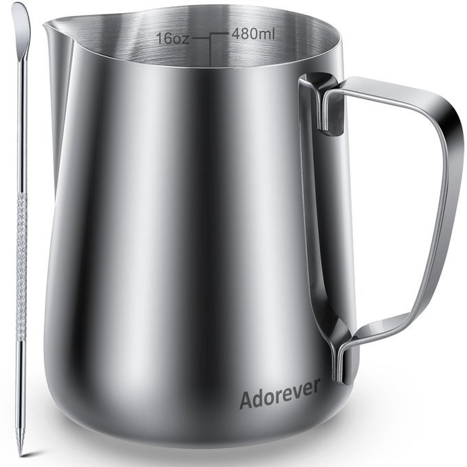 MILK FROTHING PITCHER 16OZ 480ML MILK FROTHER CUP STAINLESS STEEL STEAMING PITCHER COFFEE BAR CAPPUCCINO ESPRESSO MACHINE ACCESSORIES BARISTA TOOLS STEAMER CUP MILK JUG WITH LATTE ART PEN