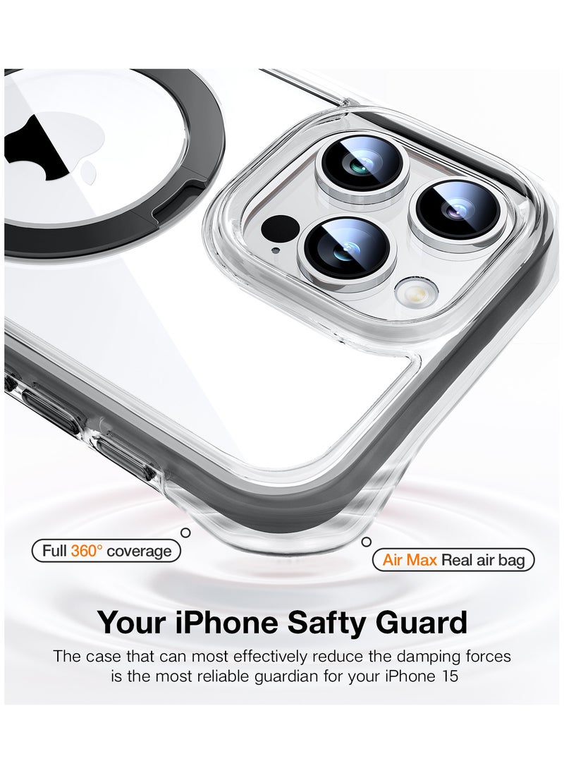 TORRAS 360° Encircling Air Cushion Ultra Protection, Magnetic Ostand SS Air Designed for iPhone 15 Pro Case, Compatible with MagSafe, Horizontal/Vertical Kickstand, Clear Slim Hard Back Soft Edge Anti-Yellowing Technology, Black  - Image 2