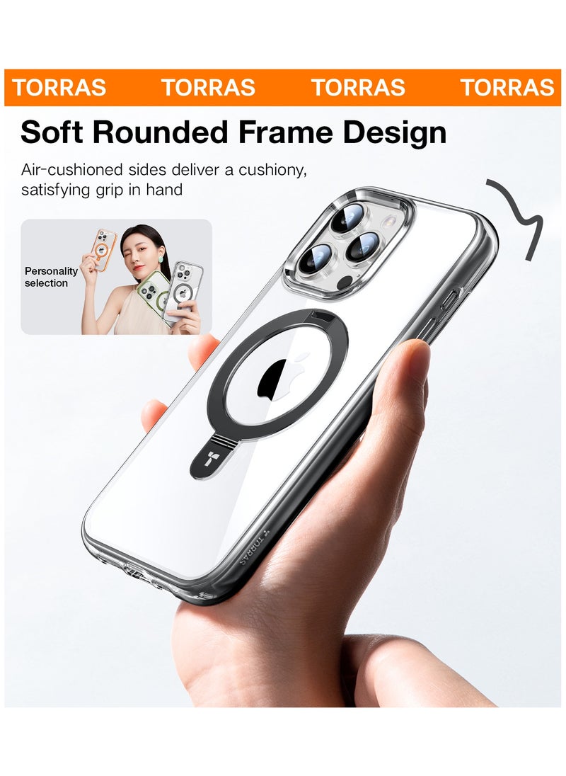 TORRAS 360° Encircling Air Cushion Ultra Protection, Magnetic Ostand SS Air Designed for iPhone 15 Pro Case, Compatible with MagSafe, Horizontal/Vertical Kickstand, Clear Slim Hard Back Soft Edge Anti-Yellowing Technology, Black  - Image 3