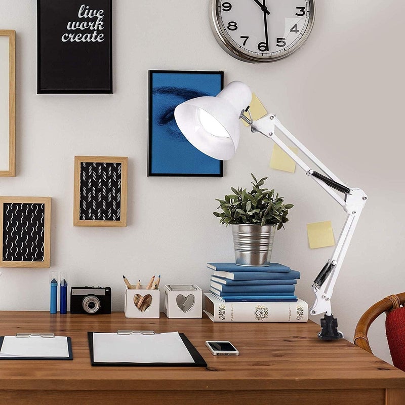 Modern Desk Lamp with C-Clamp and Base, White - Image 1