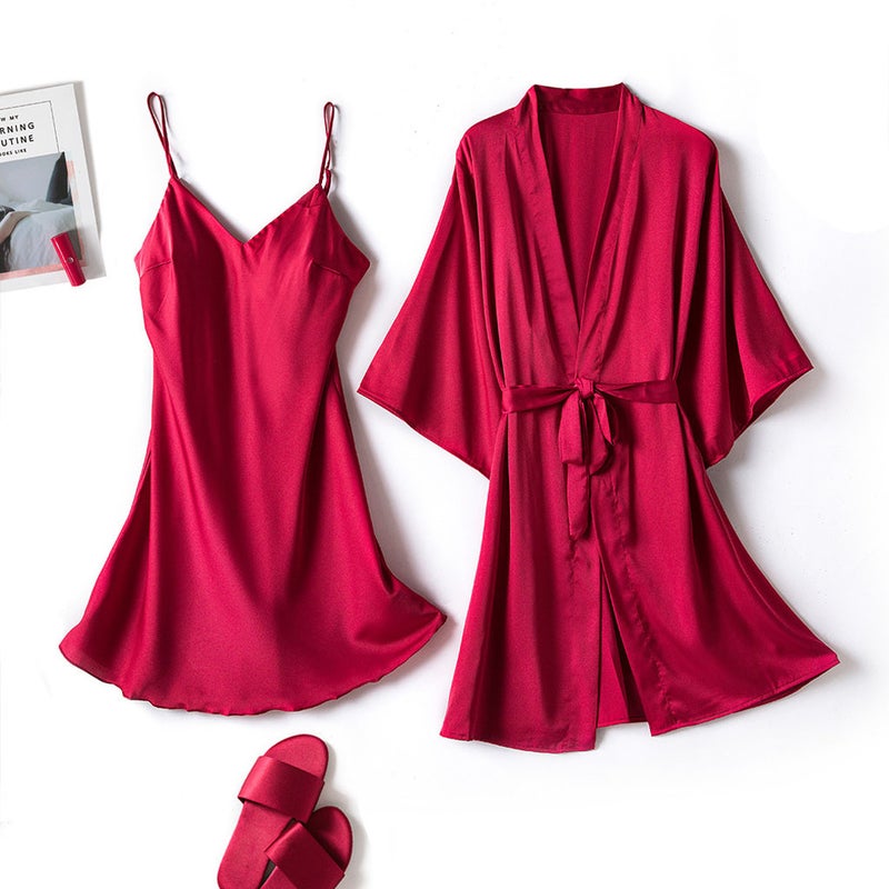 Black Satin Lace Trim Pajama Set for Women - Image 2