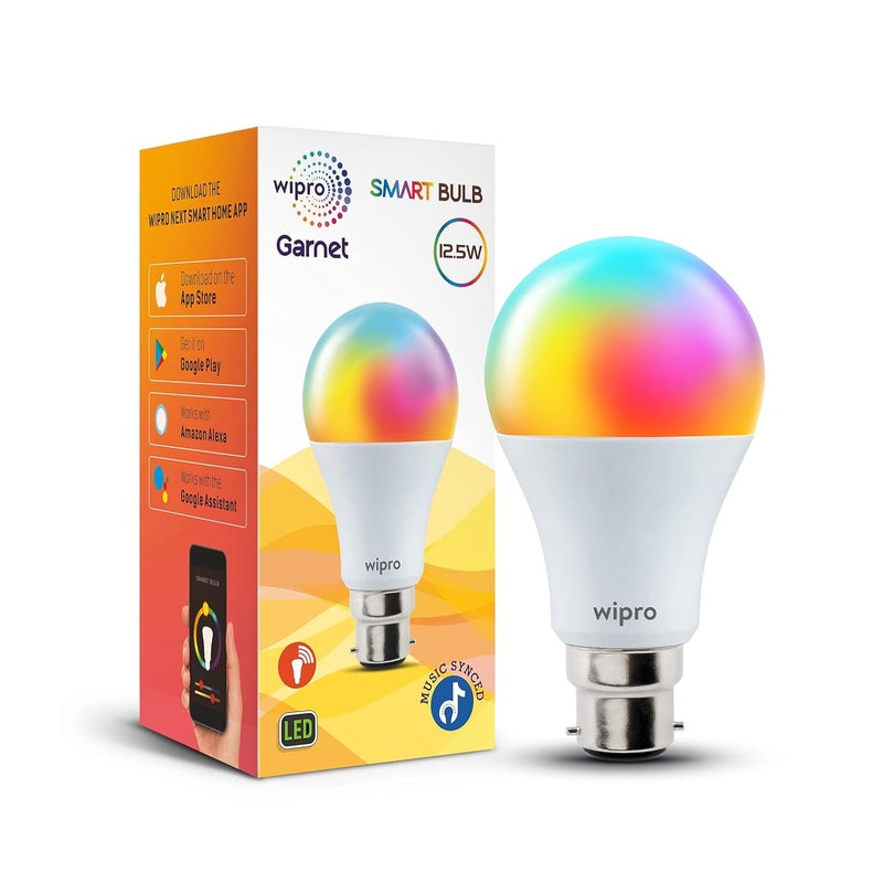Wipro 125W B22D WiFi Smart LED Bulb with Music Sync Voice Control with Alexa Google Asst App Control 16 M Colours White Tunable Warm Neutral Cool White Dimmable Scenes Pack of 1 - Image 1