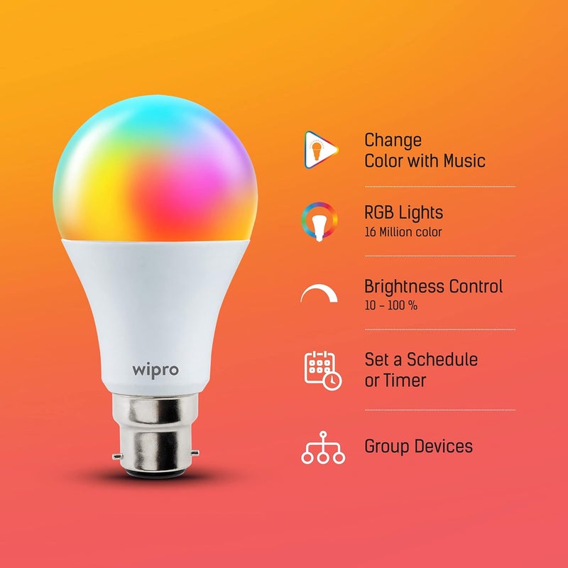 Wipro 125W B22D WiFi Smart LED Bulb with Music Sync Voice Control with Alexa Google Asst App Control 16 M Colours White Tunable Warm Neutral Cool White Dimmable Scenes Pack of 1 - Image 4