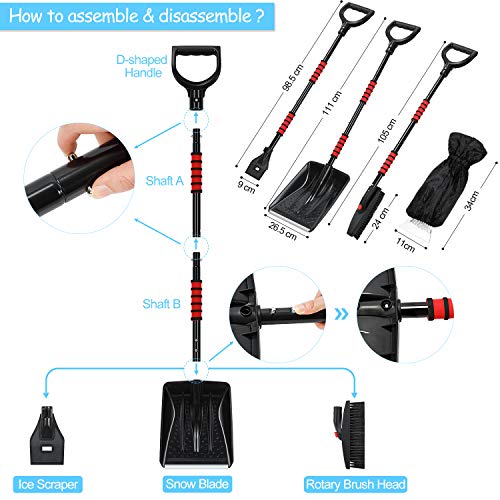 Mibor Snow Shovel Kit Removal Tools - 5 in 1 Foldable Car Snow Shovel + Snow Brush + Ice Scraper + Glove + Mini Ice Scraper, Portable Emergency Snow Remover Shovel Set for Car Truck Camping Outdoor - Image 2