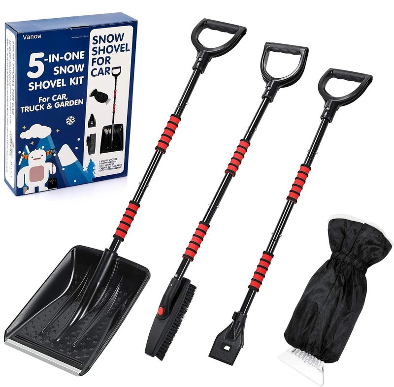 Mibor Snow Shovel Kit Removal Tools - 5 in 1 Foldable Car Snow Shovel + Snow Brush + Ice Scraper + Glove + Mini Ice Scraper, Portable Emergency Snow Remover Shovel Set for Car Truck Camping Outdoor - Image 1