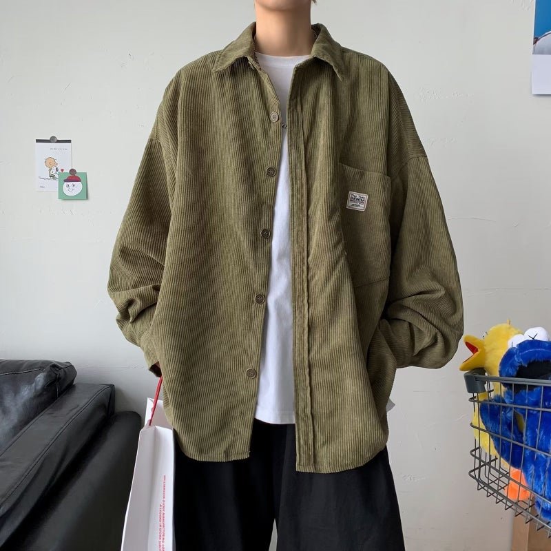 Spring and Autumn waffle heavy texture shirt mens Japanese fashion brand workwear shirt long sleeve loose plus size casual jacket 803 Green 1 