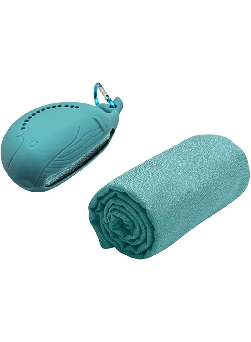 Microfiber Quick Dry Sports Travel Towel with Whale Silicone Sleeve, Lake Blue, 11.8" x 31.5" - Image 1