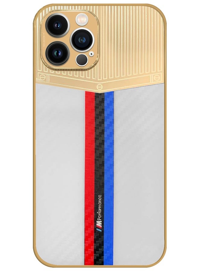 CATANES Luxury Gold Plated Case for iPhone 12 Pro Max - Hybrid Electroplated Frame Back Cover with Carbon Fiber Texture - Racing Stripe Pattern White - Image 1