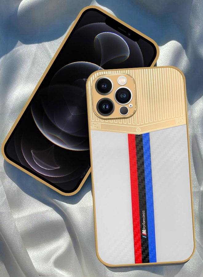 CATANES Luxury Gold Plated Case for iPhone 12 Pro Max - Hybrid Electroplated Frame Back Cover with Carbon Fiber Texture - Racing Stripe Pattern White - Image 2
