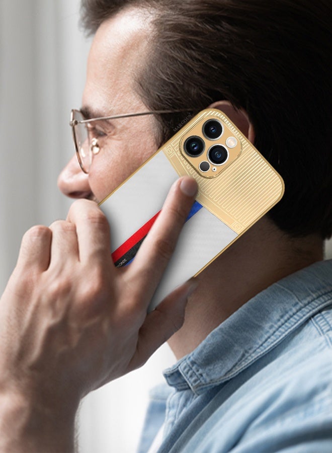 CATANES Luxury Gold Plated Case for iPhone 12 Pro Max - Hybrid Electroplated Frame Back Cover with Carbon Fiber Texture - Racing Stripe Pattern White - Image 3