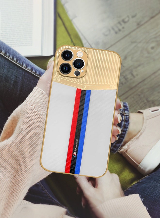 CATANES Luxury Gold Plated Case for iPhone 12 Pro Max - Hybrid Electroplated Frame Back Cover with Carbon Fiber Texture - Racing Stripe Pattern White - Image 5