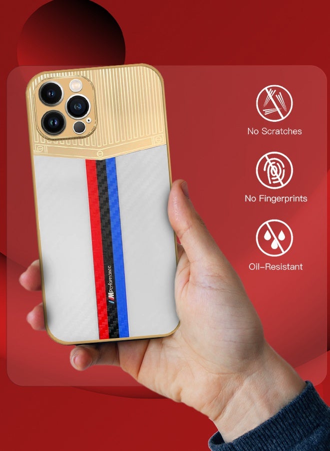 CATANES Luxury Gold Plated Case for iPhone 12 Pro Max - Hybrid Electroplated Frame Back Cover with Carbon Fiber Texture - Racing Stripe Pattern White - Image 4
