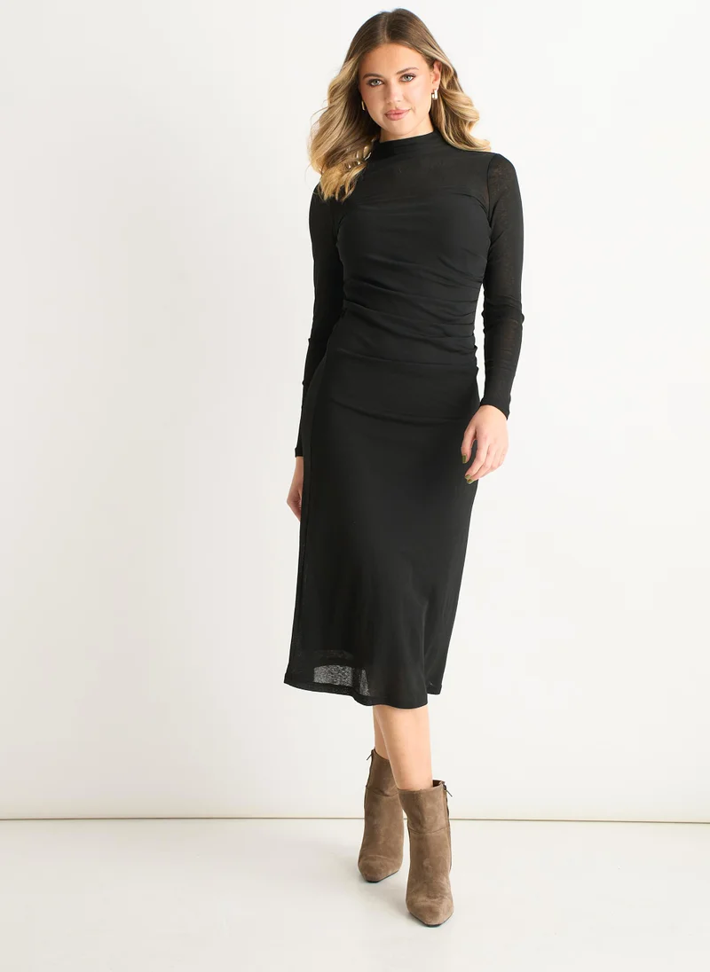Gini London Black Ruched Jersey Long Sleeve Midi Dress